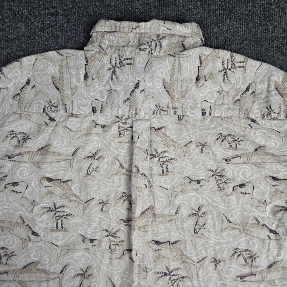 Columbia Mens Hawaiian 100% Cotton Large Short Sleeve Shirt Beige Cool Sharks - Picture 6 of 12